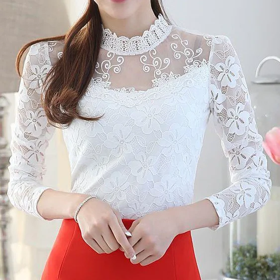 New plus Size Women's Long Sleeve Fleece Lined Lace Base Shirt Autumn Winter Warm Chiffon Top Elegant Style Bottoming Blouse