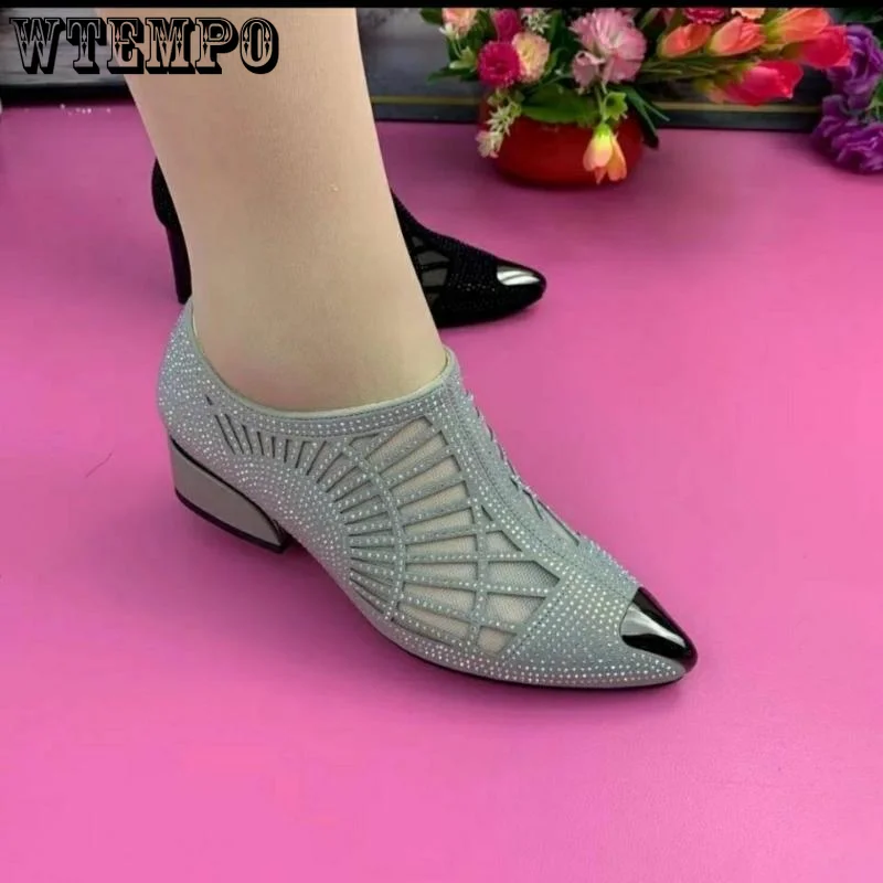 Soft Leather Mesh Sandals Hollow Water Diamond Pointed Toe Shallow Mouth Slip-on Low Heeled Women Boots Commuting Spring Autumn