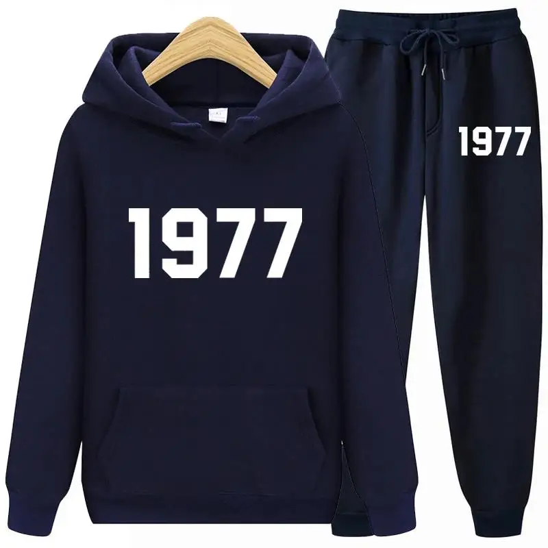 Novo 1977 conjuntos de duas peças com capuz conjunto masculino e feminino marca de moda high street solto velo outono inverno quente hoodies + calças