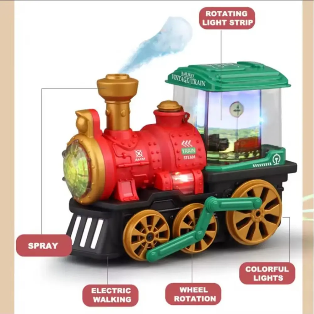 Juguete de tren de vapor eléctrico Bump and Go con sonido de luz de pulverización, camiones Retro, locomotora de vapor, motor de vapor eléctrico para niños y niñas