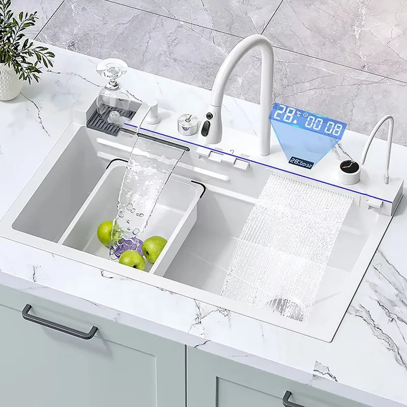 Multifunctional large 304 stainless steel handmade bottoms farmhouse sink waterfall rainfall single bowl white kitchen sink