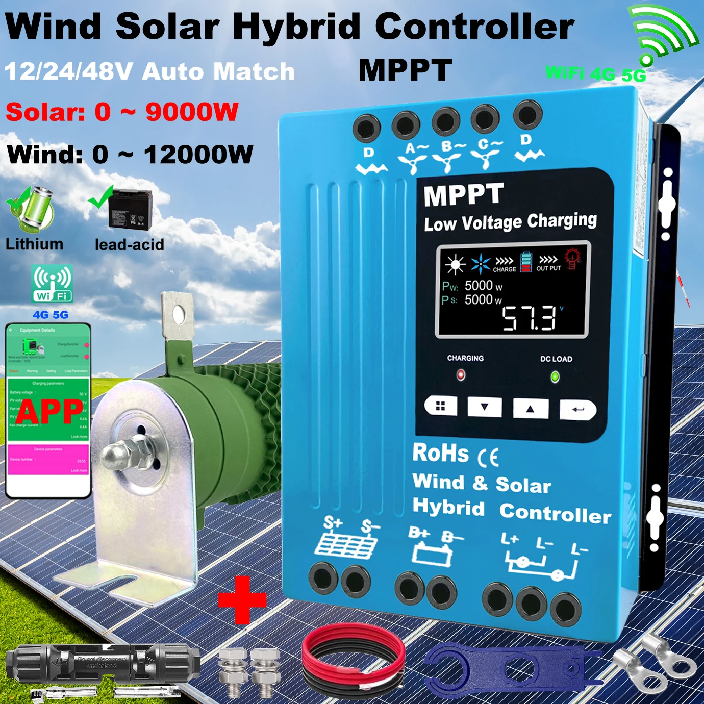 12V 24V 48V 5000W 8KW 10KW 10000W MPPT Hybrid Wind Solar Charge Controller Wind Turbine PV System Regualtor For Home Battery