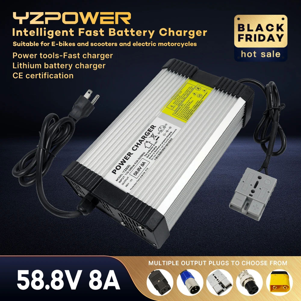 YZPOWER 58.8V 8A ładowarka do akumulatorów litowych 14S 48V (51.8V-52V) wejście ładowarki 110-240Vac szybkie ładowanie ładowarka DC z wentylatorem