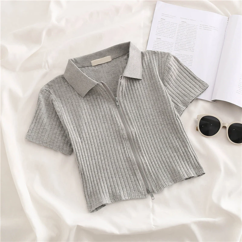 Women Lapel Knitted Short Sleeve T-Shirts Summer New Zipper Fly Above Navel Crop Tops Korean Simple All-Match Skinny Slim Tees