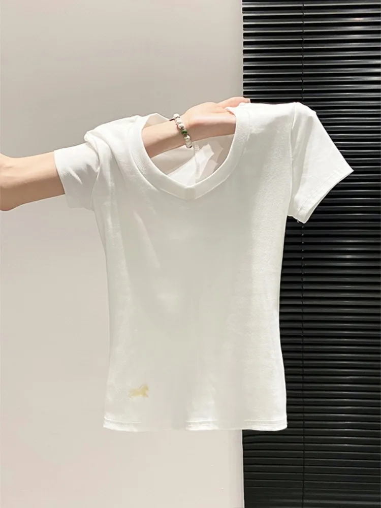 Slim Fit V-Neck Short Sleeve T-Shirt Women's Summer New Korean Style Back Knot Design Breathable Comfortable Versatile Top