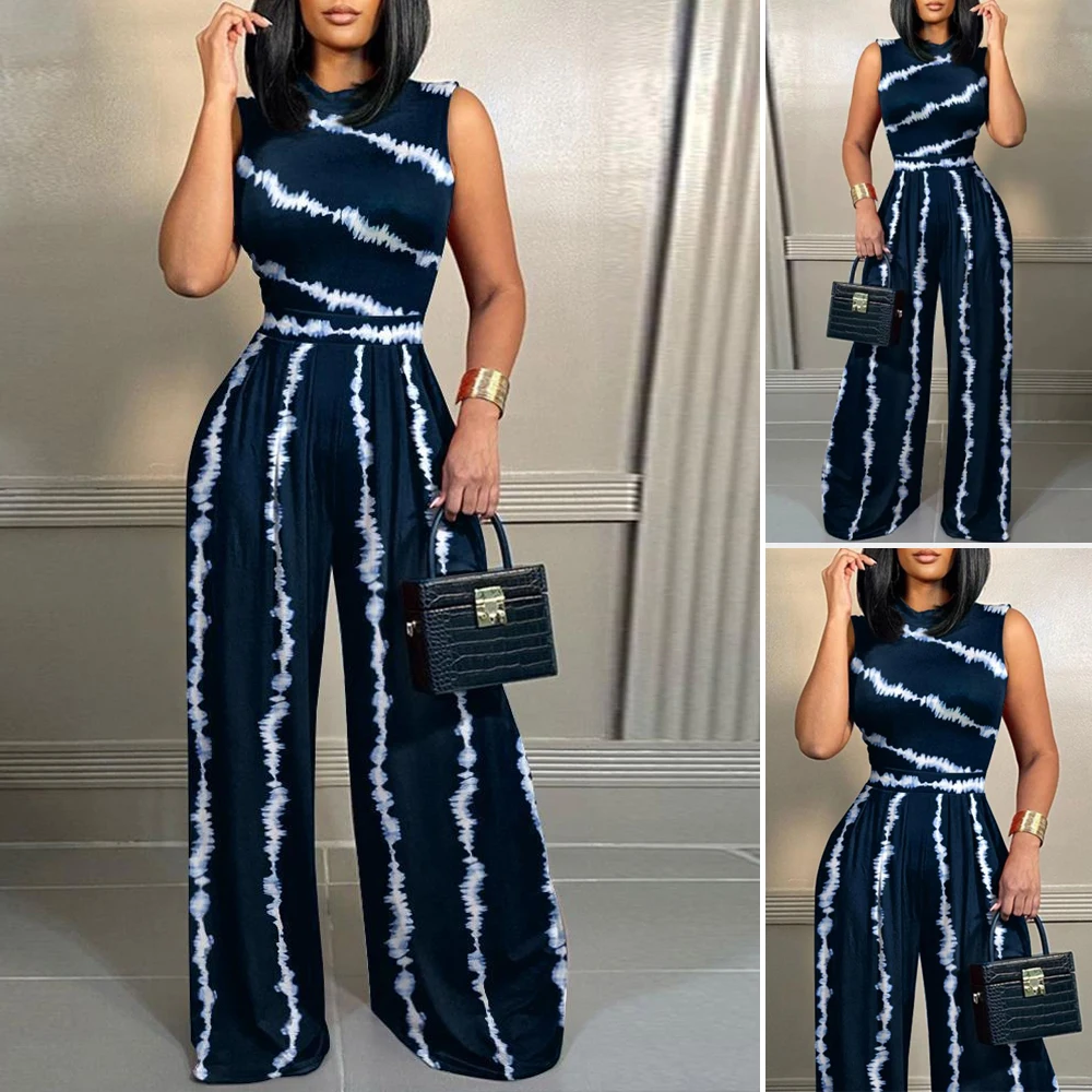 

MiaMuse Boutique Summer Jumpsuits 2025 Women's Fashion Tie Dye Sleeveless Crew Neck Full Length Wide Leg Streetwear Jumpsuits