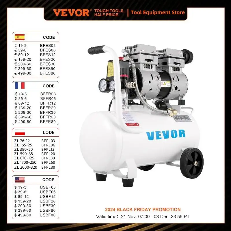 VEVOR Air Compressor 6.6/11 Gal,Portable Air Compressor 1 HP, Oil Free Air Compressor Steel Tank 750W Ultra Quiet Compressor