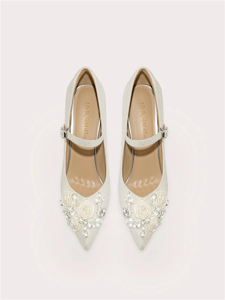 Spring new pointed rhinestone lace pearl flower wedding shoes thin high-heeled banquet dress large size small size women's shoes