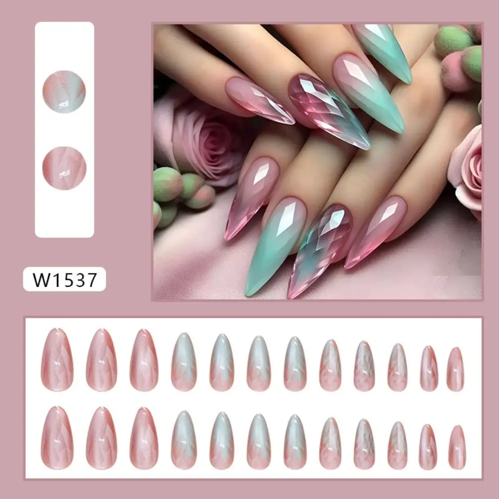 French False Nails Fashion Long Stiletto Glazed Cat's Eye Press on Nails Detachable Full Cover Fake Nails Women Girls