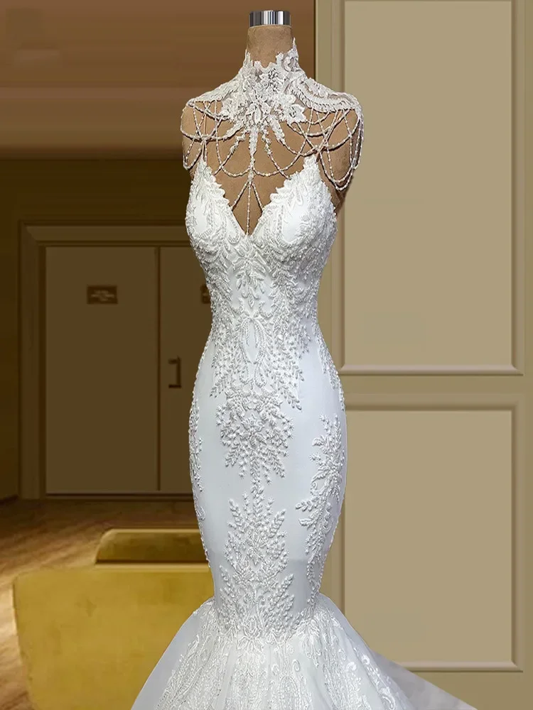 Robe de Mariée Sirène en Dentelle Personnalisée, Col Haut, avec Glands Appliqués, avec Traîne de Balayage, Dos aux, Éducative, pour Patients