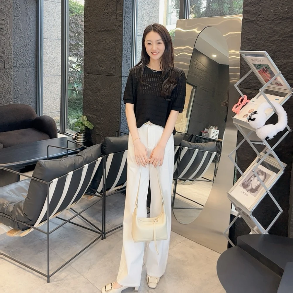 

Ультратонкие белые джинсы с эластичными вставками по четырем сторонам, с высокой талией, широкими штанинами, повседневные, летние, длинные, свободного кроя, прямого силуэта