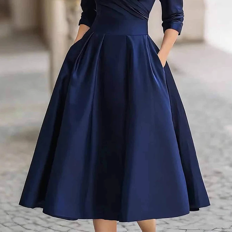 Feminino elegante casamento convidado vestido de cetim turndown colarinho meados de comprimento cintura a linha vestido de noite cocktail festa midi vestidos