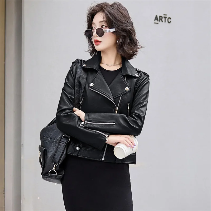عالية الجودة بولي معطف معطف معطف جلد المرأة ربيع الخريف جديد قصير أبلى موضة السيدات معطف دراجة نارية دعوى سترة جلدية الأغنام
