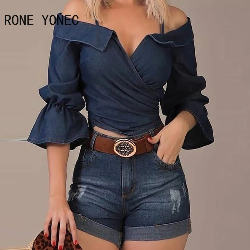 2024 Women Chic Off Shoulder Three Quarter Flared Sleeves Denim Summer Blouse Tops