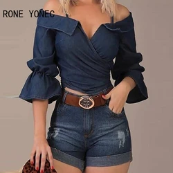 2024 Women Chic Off Shoulder Three Quarter Flared Sleeves Denim Summer Blouse Tops