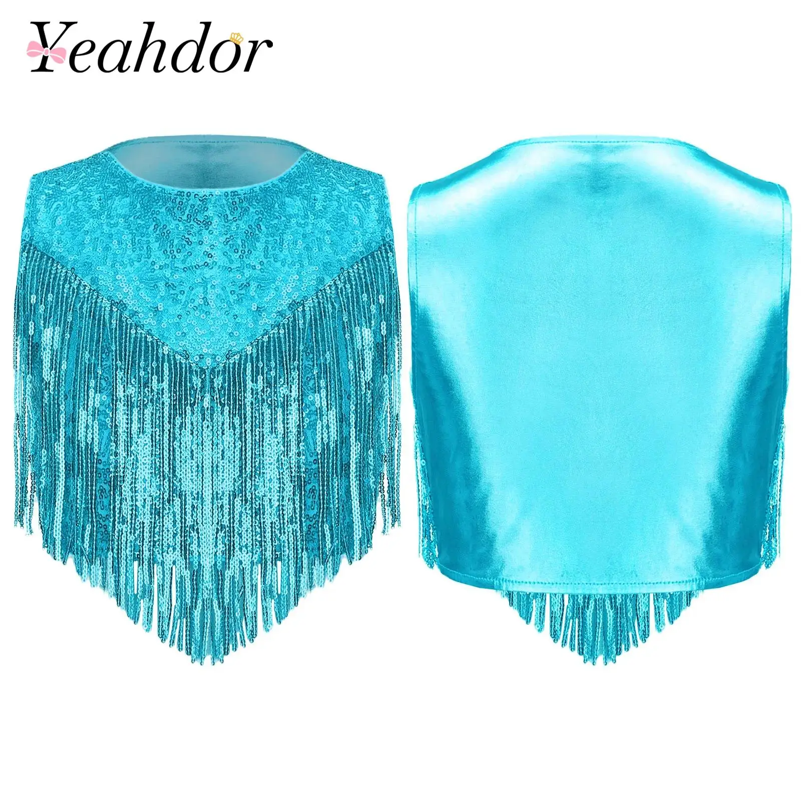 Children's Waistcoat Sequin Tassels Metallic Cape Vests Girls 60s 70s Disco Outfit Rave Festival Outfit Carnival Cowgirl Costume