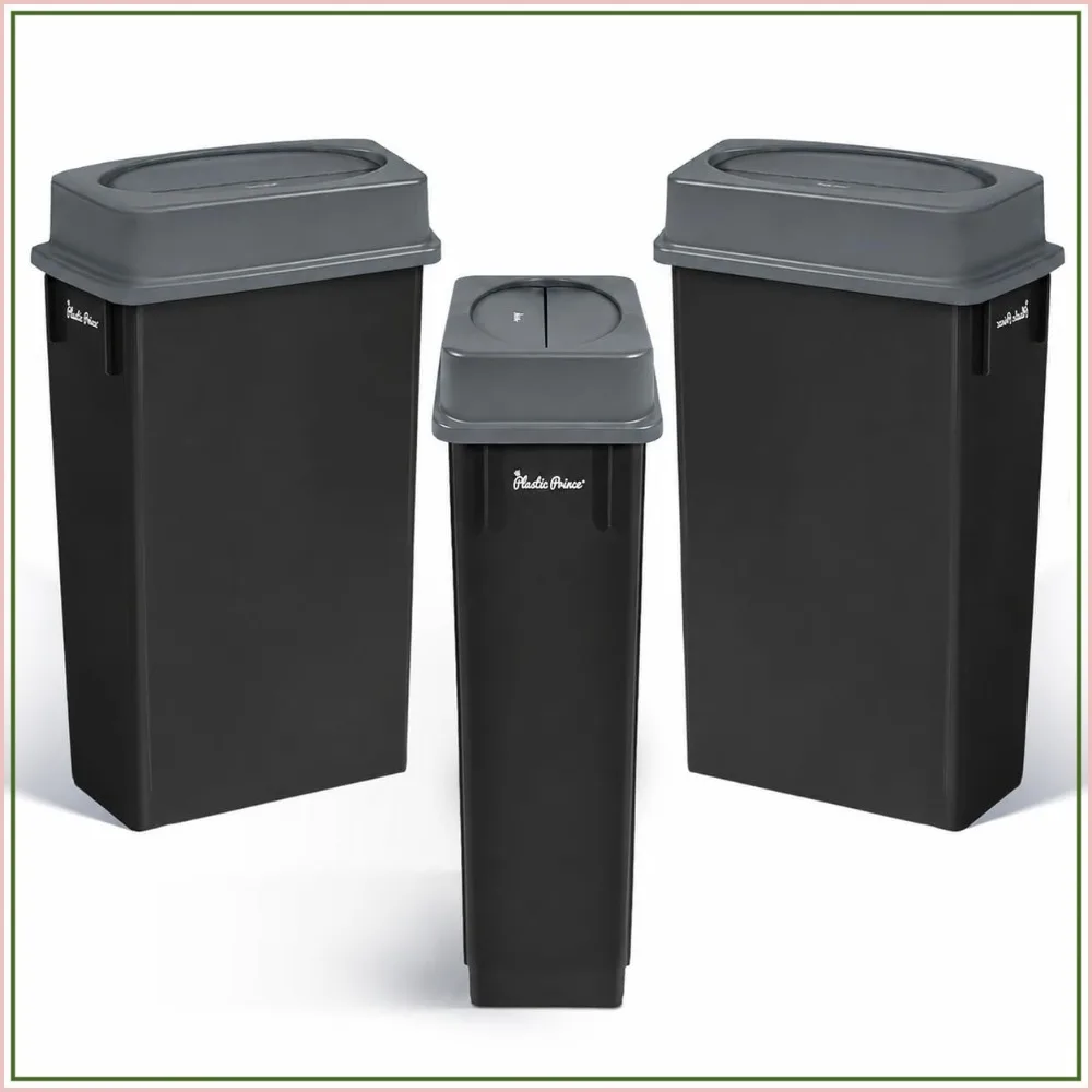 23 Gal Slim Trash Can with Swing Lid, Double Flip Top, Black/Gray, 3 Pack