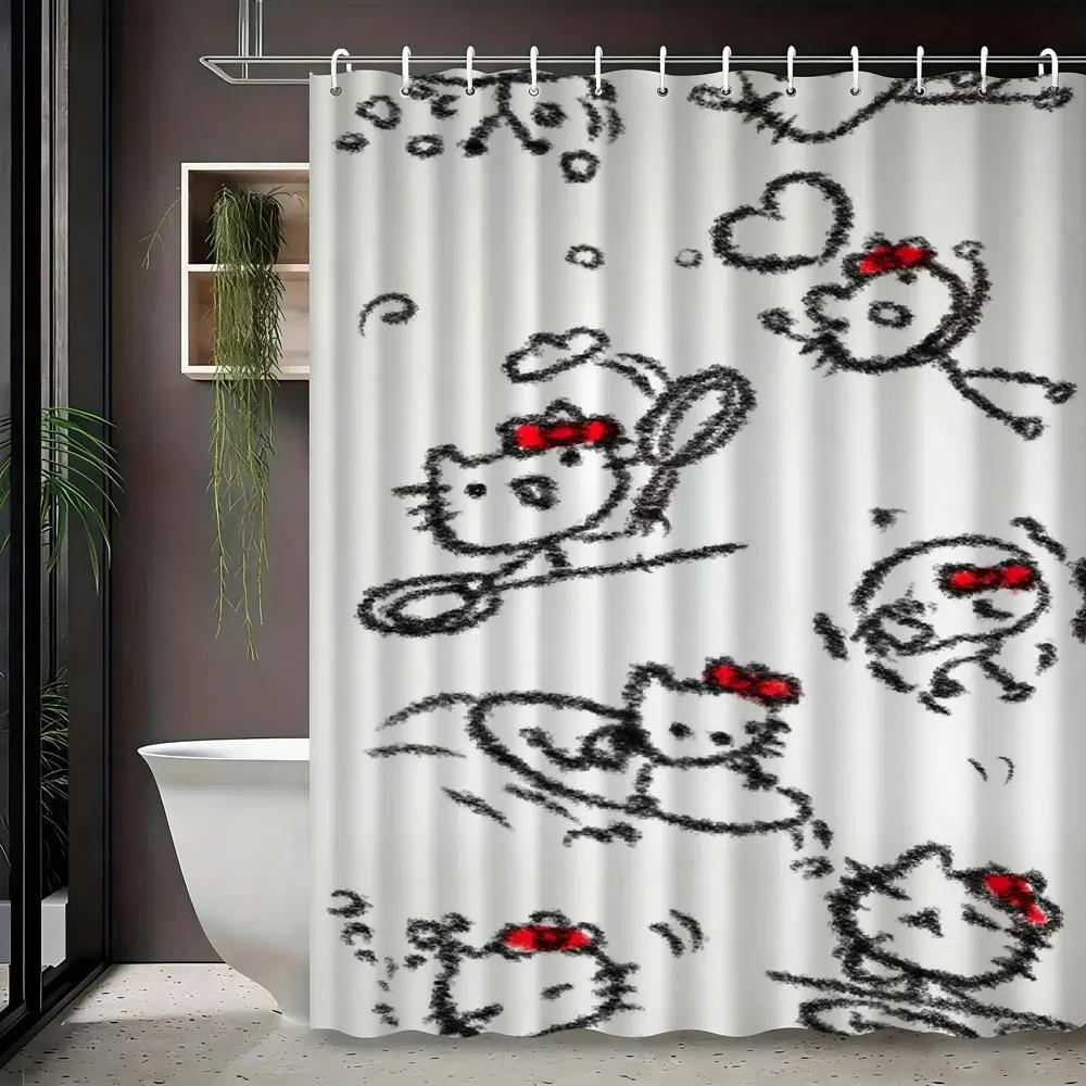 

Minimalist Chalk Sketch Hello Kitty Heart Pattern Shower Curtain Waterproof Mildew Resistant With Hooks Easy Installation For Ba