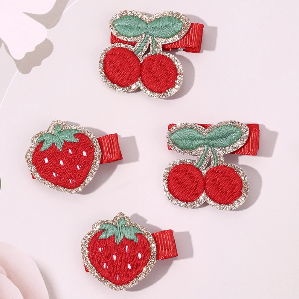 

4Pcs Sweet Strawberry Hair Clips Exquisite Handmade Embroidery Cherry Hairpin For Girls Sparkle Fruit Headdress Hair Accessories