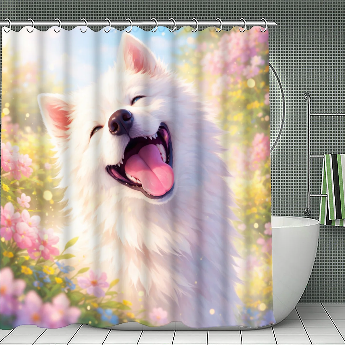 

Cute White Dog Shower Curtain, Happy Puppy Print, Floral Spring Garden Scene, Animal Bathroom Decor, Waterproof Polyester Bath