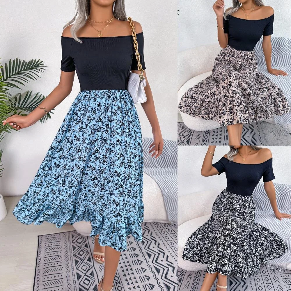 

Spring Summer Casual oulder Bared Floral Lace Hem mid Length Dr Women's Faion ort Sve Autumn Dr Chinese Origin