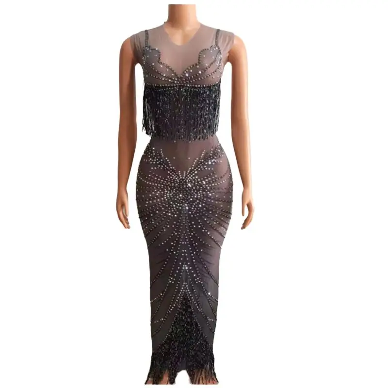 

Black Rhinestone Mesh Perspective SleevelessDress Evening Party Wear Dresses BirthdayCelebrate Costume See Through Dress A019