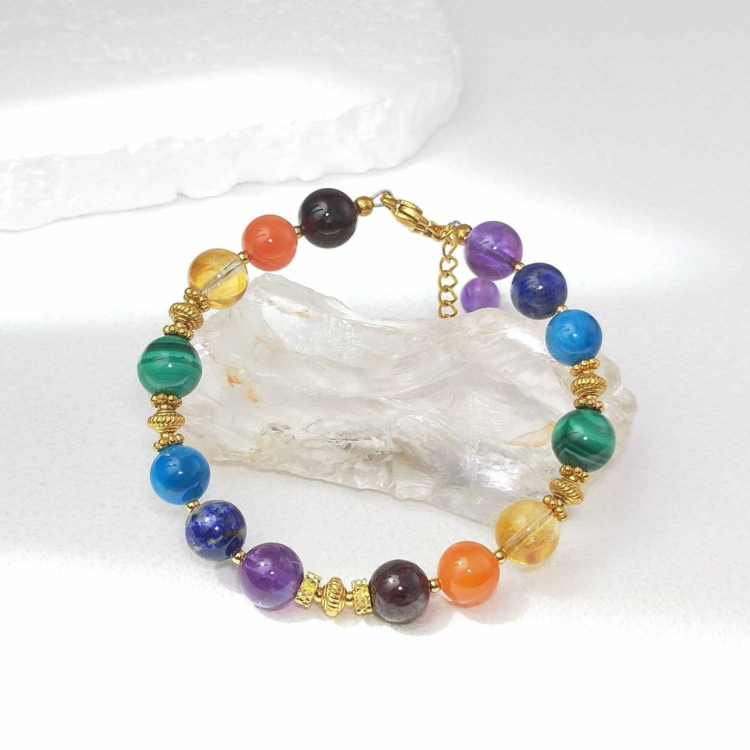 Lii Ji 8mm 7 Chakras Natural Stone Beaded Bracelet  Gold Stainless Steel Handmade Fashion Jewelry view 5