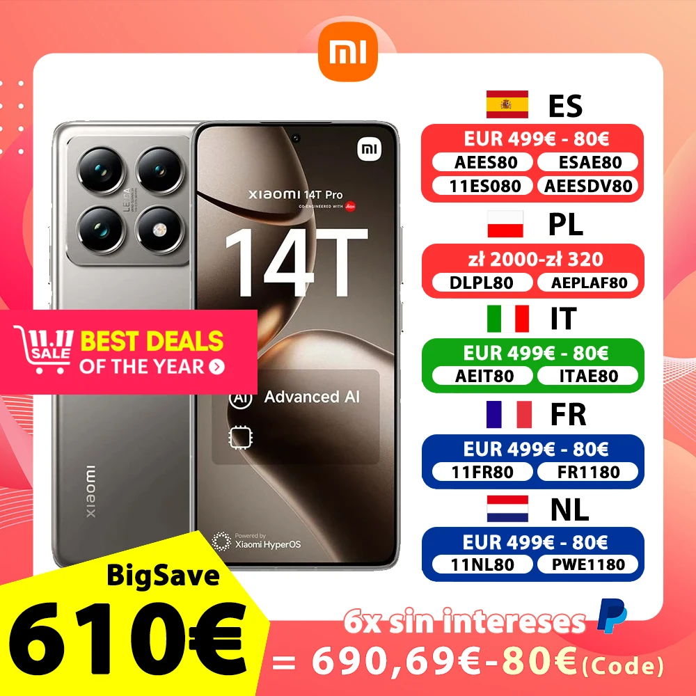 Xiaomi 14T Pro 5G 12GB/256GB 12GB/512GB 16GB/1TB Negro/Gris/Azul Teléfono móvil