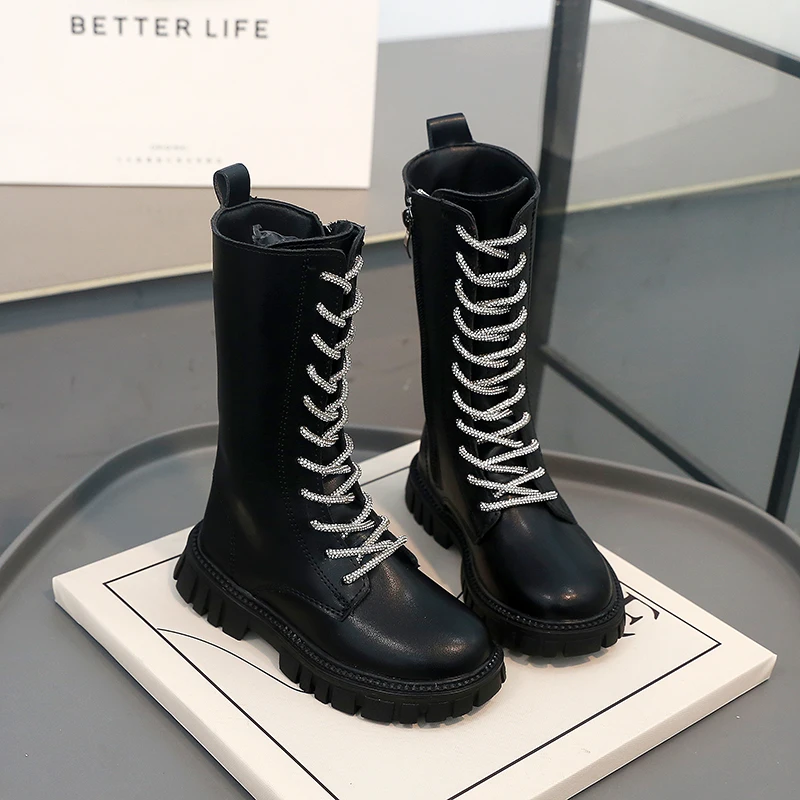 

Autumn New Long Boots for Girls Fashion Kids Rhinestone Princess Shoes Warm Anti Slip Casual Cotton Boots Lace Up Children Shoes