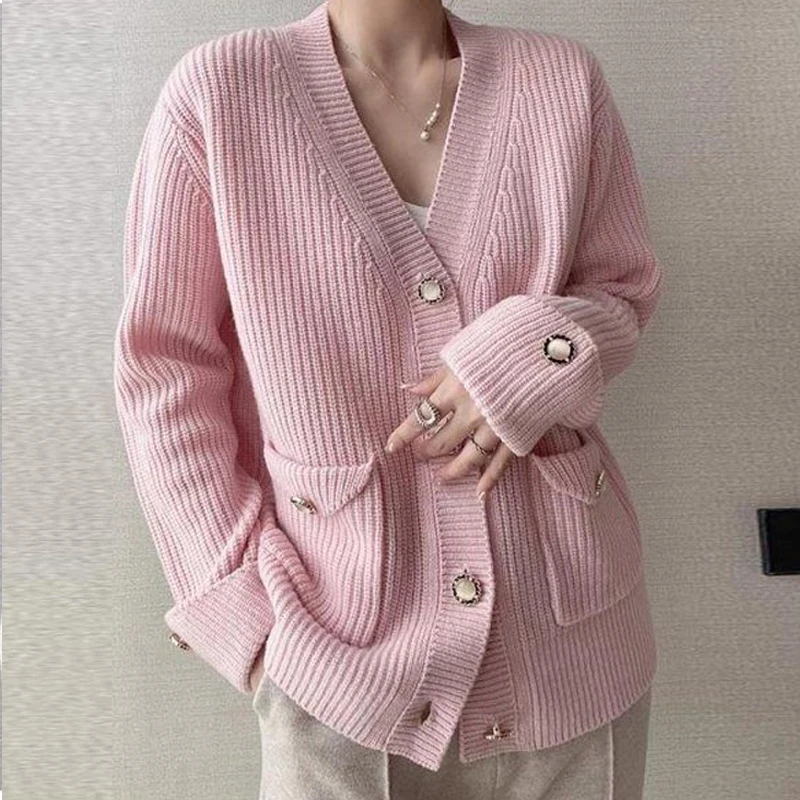 Autumn Button Pocket Knitted Cardigan Fashion Women Winter Casual Loose Coat Korean Tops Knit Sweater Outerwear Clothing 28347