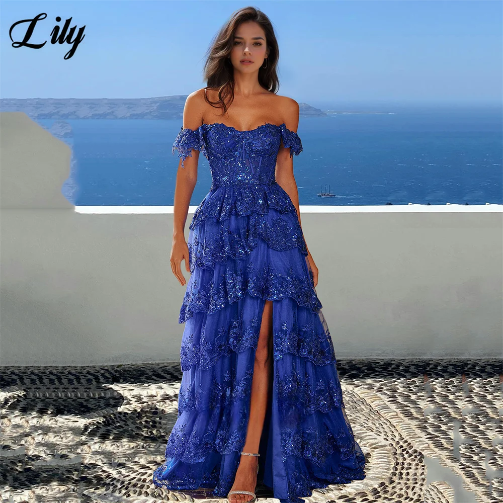 

Lily Royal Blue Party Dresses Off the Shoulder Multi - Ruffle Sequined Prom Dresses for Special Events robe soirée Customized