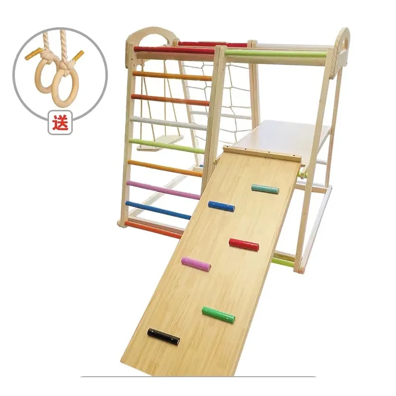 Wooden Rainbow Climbing Frame Indoor Playground Indoors for Activity Climber Ladder Swing Slide Play Structure Set