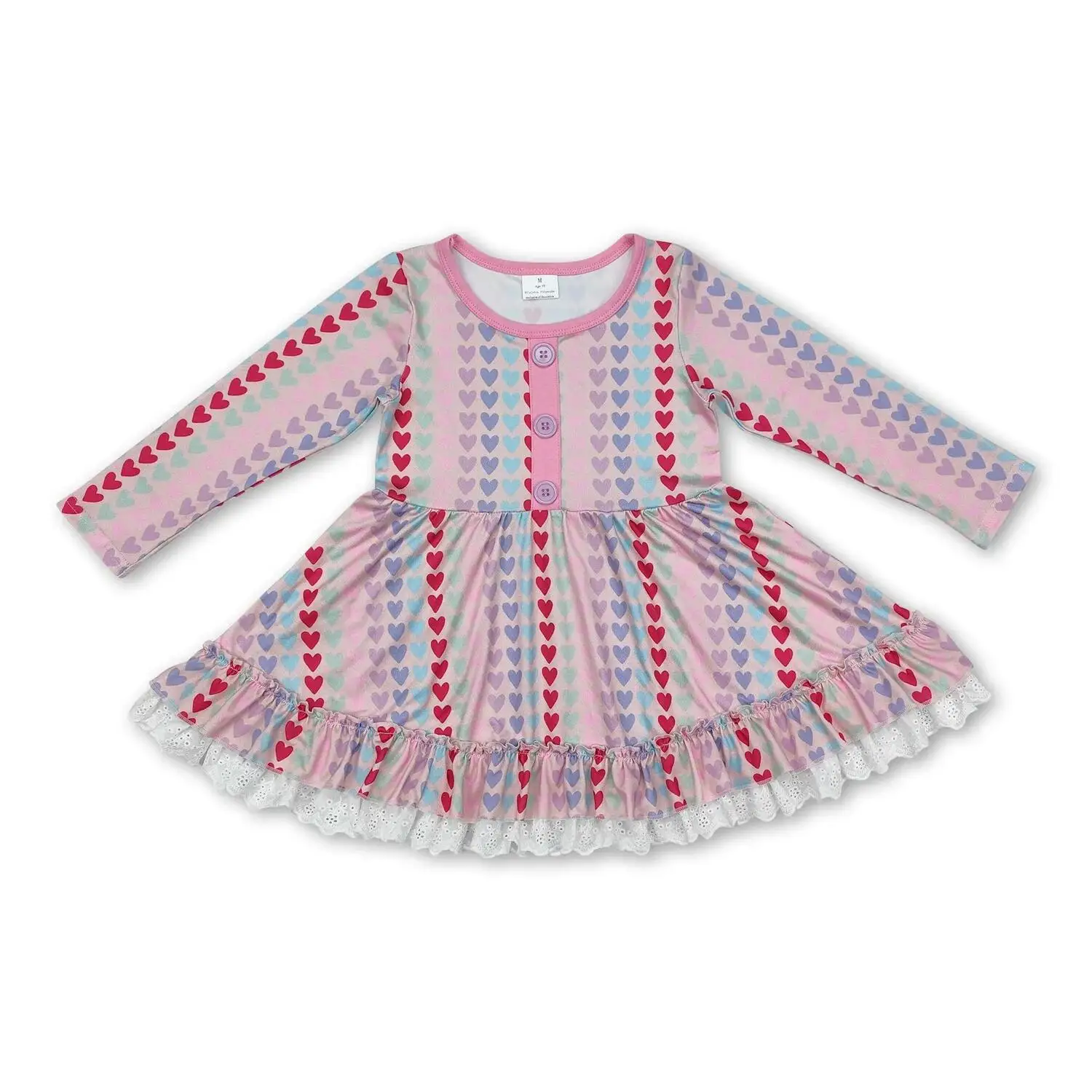 

Valentine's Day Ruffle Knee-Length Dress for Baby Girls Long Sleeves Colorful Heart Pattern Baby Girls' Valentine's Dress