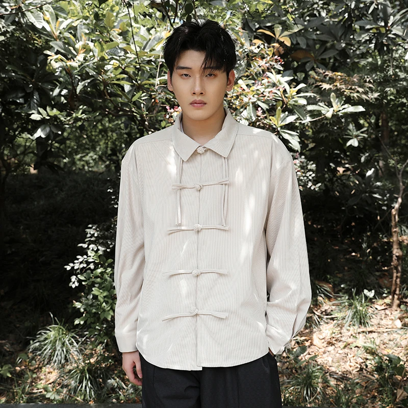 

Chinese Style Button up Long Sleeve Men's Shirt Corduroy Jacket Vintage Tang Costume Style Spring Autumn Trendy Brand Loose Fit