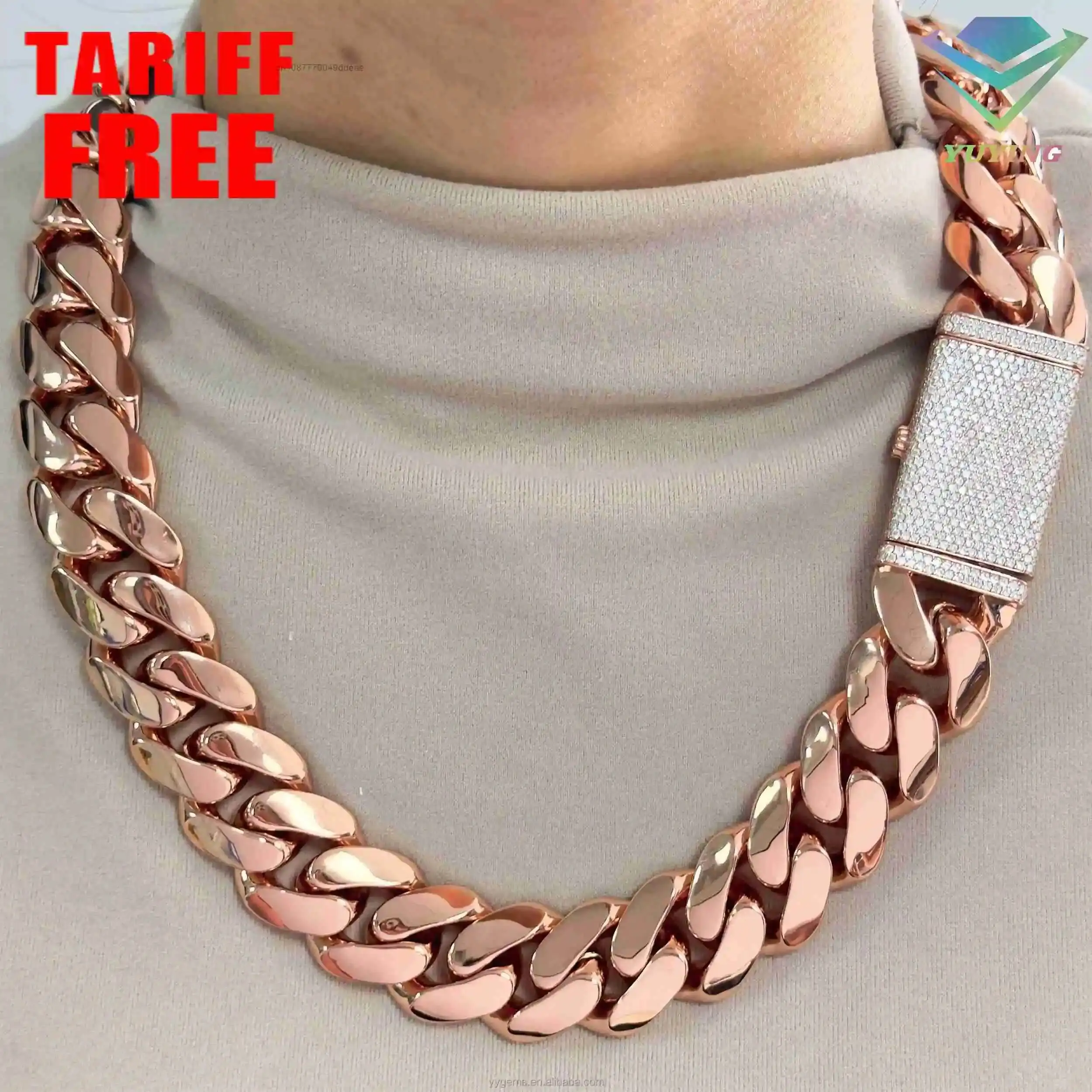 Cadena de eslabones cubanos Miami chapada en oro rosa personalizada de 24MM de ancho, cadena de plata maciza para hombres, cerradura de moissanita, collar de cadena cubana, joyería