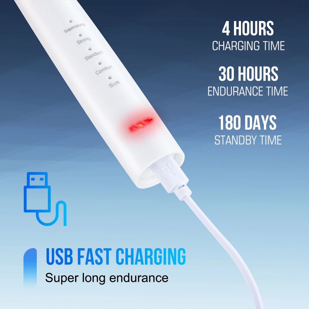 Escovas de dentes elétricas recarregáveis sônicas, Dentes mais limpos, Instrumento de clareamento, Impermeável, USB, Carregamento rápido, Dispositivo para escova dental