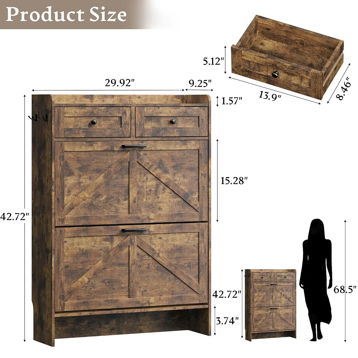 Farmhouse Narrow Shoe Cabinet with 2 Flip Drawers & Top Drawers Adjustable Entryway Storage, Customized