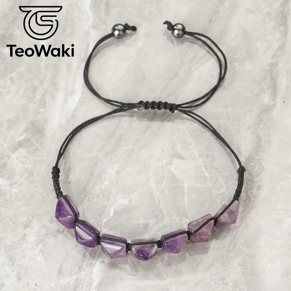 TeoWaki Natural Amethysts Pyramid Beads Braided Bracelet Adjustable Geometric Square Stone Bracelet Fashion Jewelry Gift 14+8cm