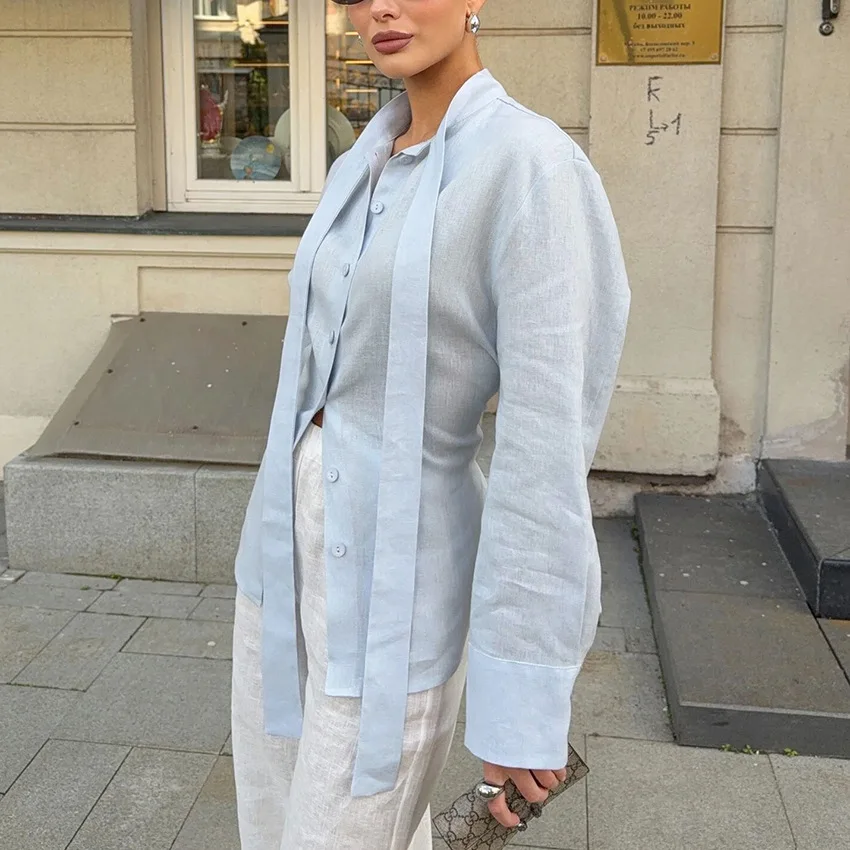 

100% Cotton Linen Shirt Women New Spring Autumn Tie Belted Shirt Women's Floating Ribbon Cardigan Top Commuting Slim Blouse
