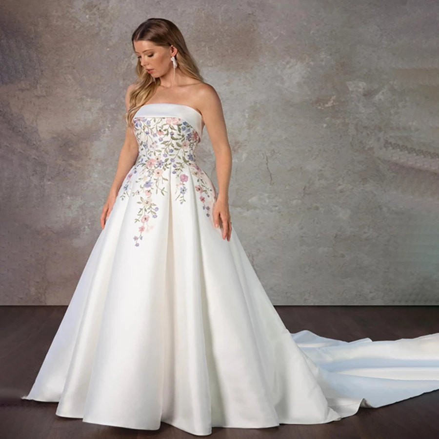 

Модное атласное свадебное платье без рукавов по индивидуальному заказу с цветами, свадебное платье трапециевидной формы с открытой спиной и молнией