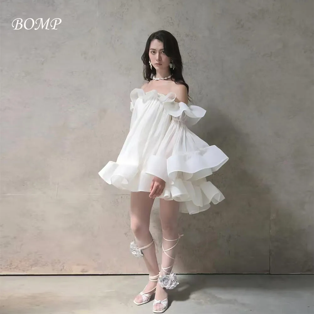 

BOMP Simple Ruffles Wedding Party Dress Off Shoulder Full Sleeves Ivory Organza Mini Special Occasion Prom Dresses Customized