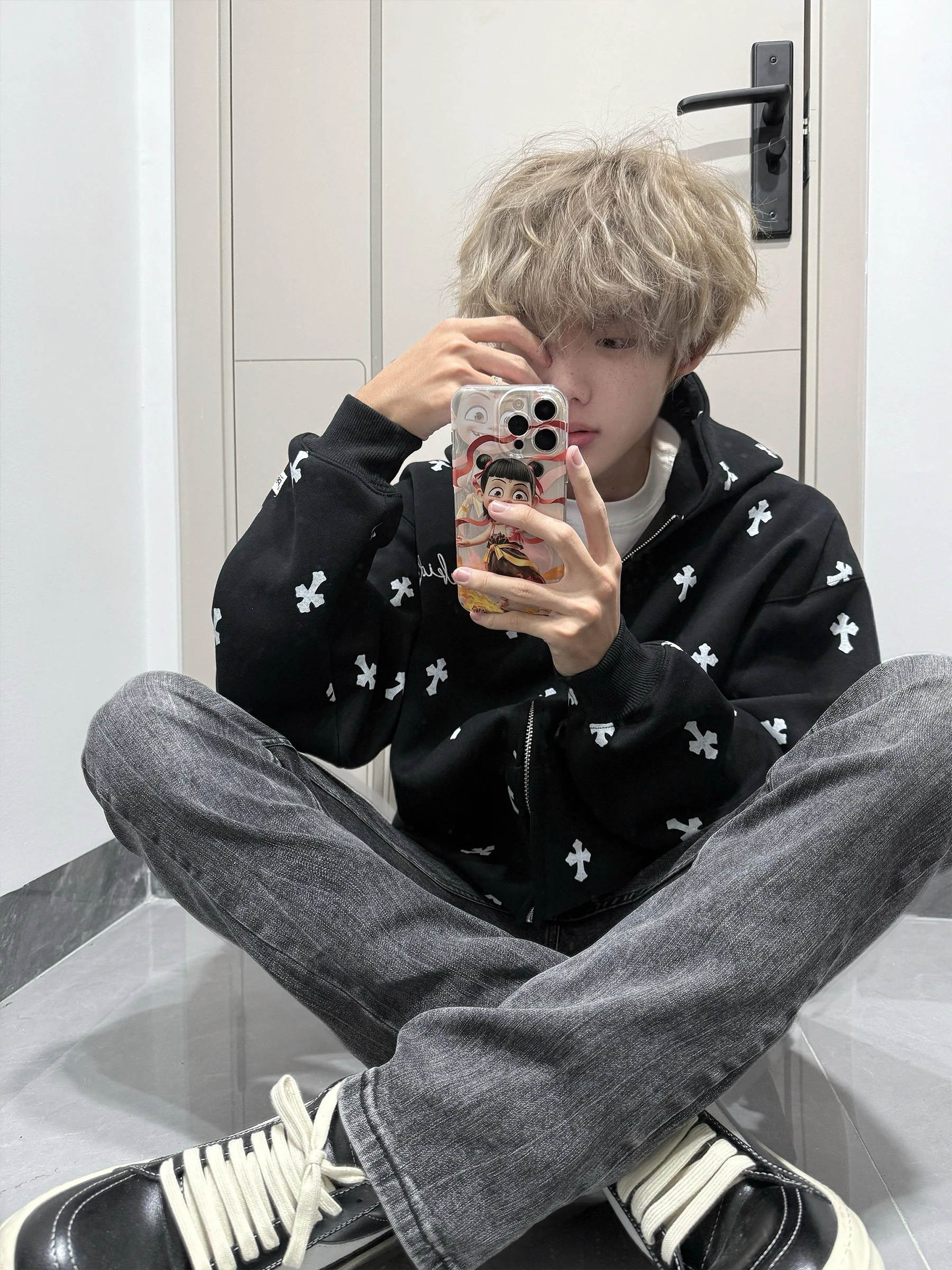 2025 New American Retro Cross Print Hoodie Men's Autumn Winter Couple Loose Versatile Cardigan Jacket Top