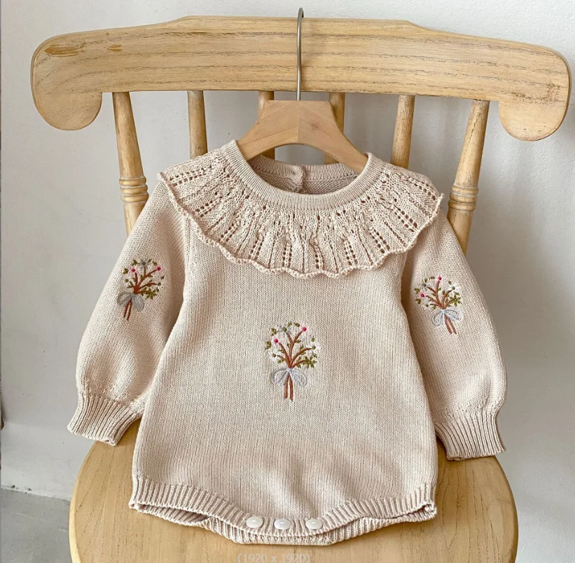 Knitted Baby Clothes Newborn Autumn Winter Baby Girl Sweater Romper Embroidery Ruffle Baby Romper Sweater Girl Toddler Jumpsuit