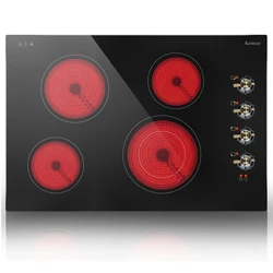 Karinear Electric Ceramic Cooktop 30 Inch, 4 Burners, Knob Control Built-in, 6700W, 220~240V Hard Wire(Gold Knob)