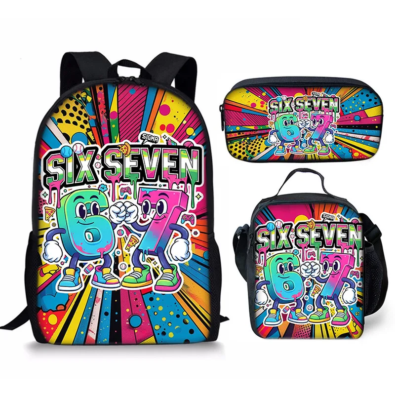 

3pc Set 17inch Funny 67 Students Backpack Cartoon Six Seven Bookbag Lunch Bag Pen Case For School Students' Backpack Pencial Bag