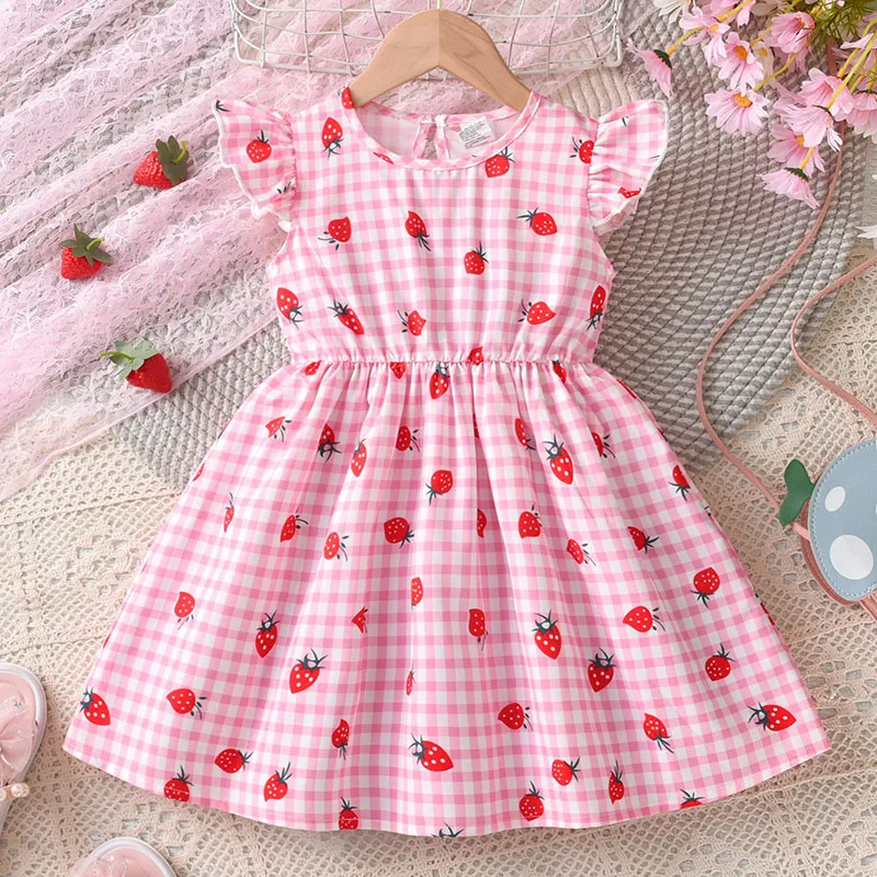 

Summer Girls Dresses Plaid Flower Strawberry Print Kids Dress Casual Dress Small Flying Sleeves Birthday Party Girls Clothing