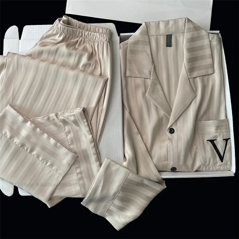 Men Satin 2 Pieces Homewear Long Sleeve Shirt Pants Pijamas De Hombre Khaki Stripe Embroider Pajamas Casual Sleepwear Loungewear