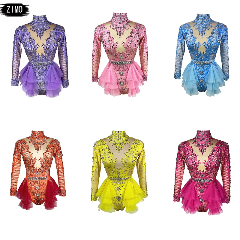 Stage Singer Show dance Leotard glitter Rhinestones pink red Ruffle long sleeve Bodysuit Women nightclub Prom concert costumes