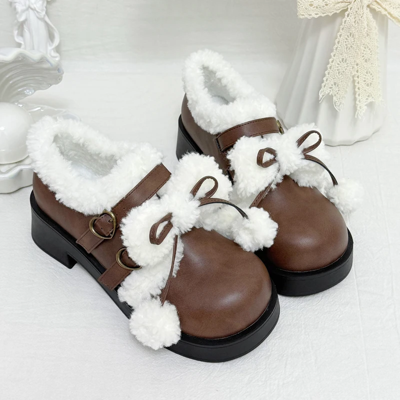 

Одиночные туфли в стиле Лолиты для японской девушки, оригинальные одинарные туфли в стиле Лолиты с бантом на среднем каблуке и круглым носком в стиле ретро, милые меховые и бархатные хлопковые туфли