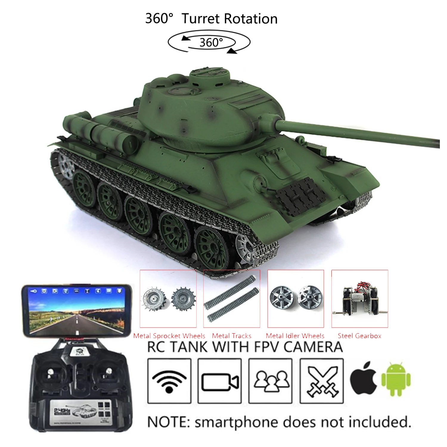 HENG LONG 1/16 7.0 Upgraded Metal Soviet T34-85 FPV RC Tank 3909 360° Turret Tracks Gearbox Remote Control Toucan Car TH17769